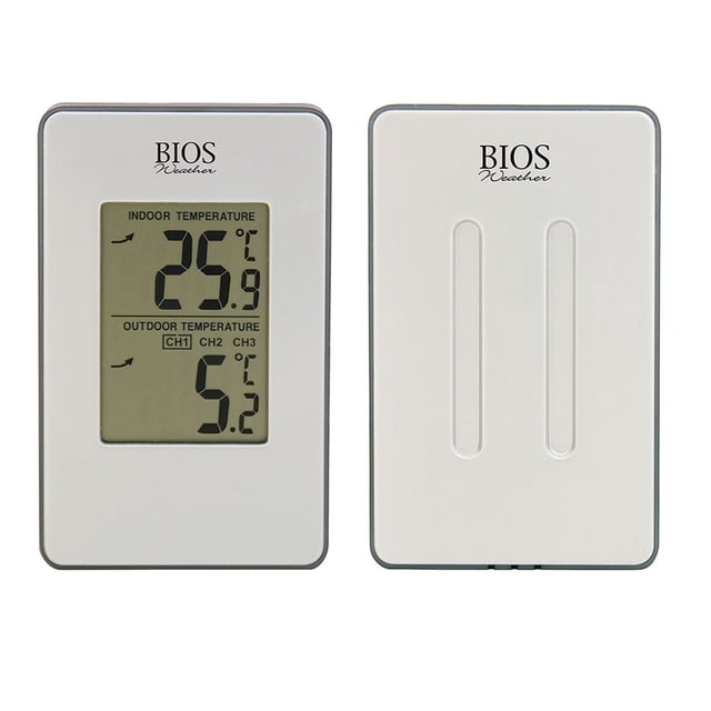Bios Wireless Indoor/Outdoor Thermometer with digital display showing indoor temperature 25.9°C and outdoor temperature 5.2°C, featuring wireless transmission up to 30 meters and multiple sensor capability, displayed on a white rectangular monitor alongside its matching remote sensor, both branded BIOS Weather.