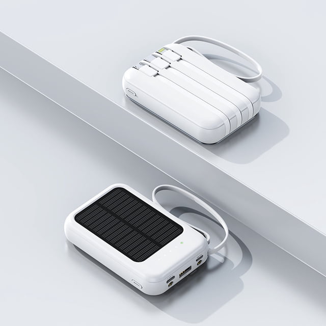 Ycandiee Power Bank, Solar Portable Charger, 20000mAh capacity with built-in 3 output cables and 1 input cable, designed for smartphones and devices. Features include solar panel for emergency charging, multiple ports, and portable battery functionality. Displayed on a minimalist surface.