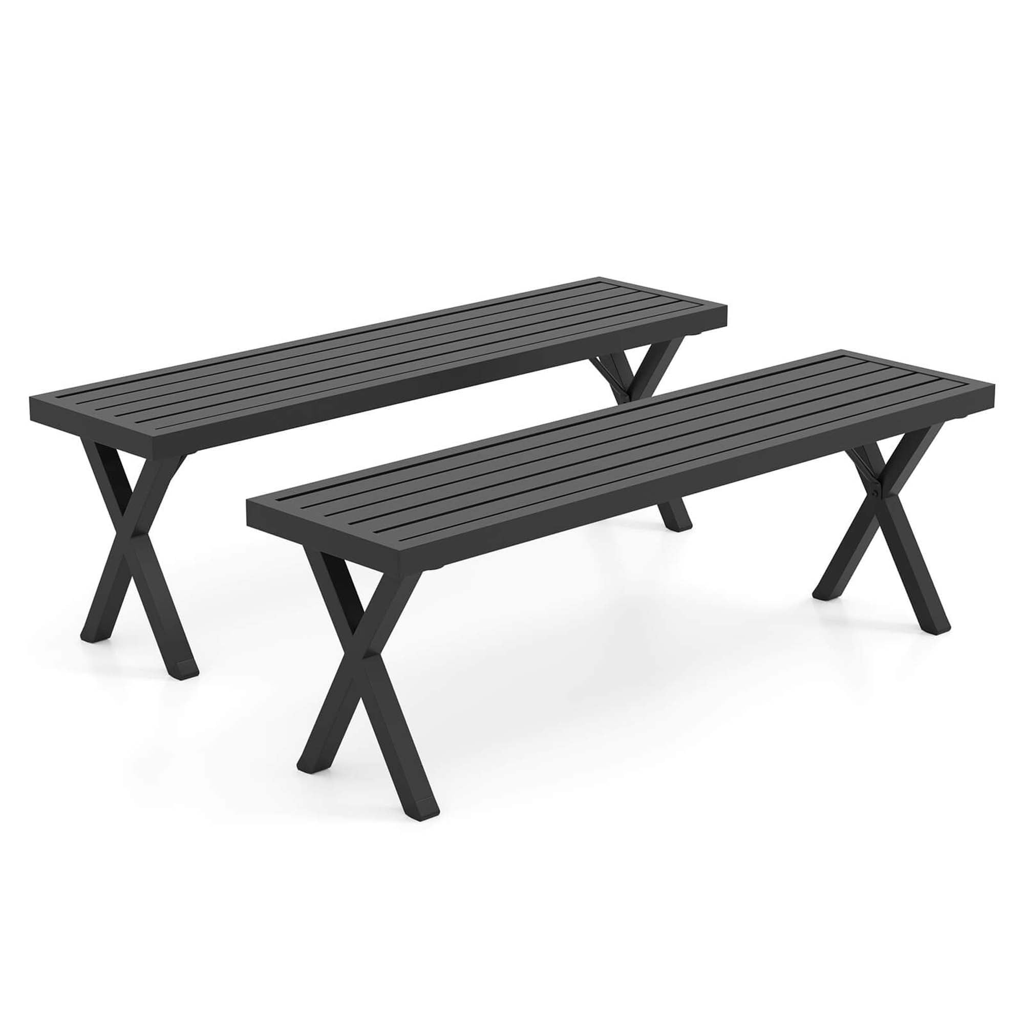 Costway 2 PCS 54" Patio Metal Bench with Slatted Seat & X Legs Backless Loveseat for Yard