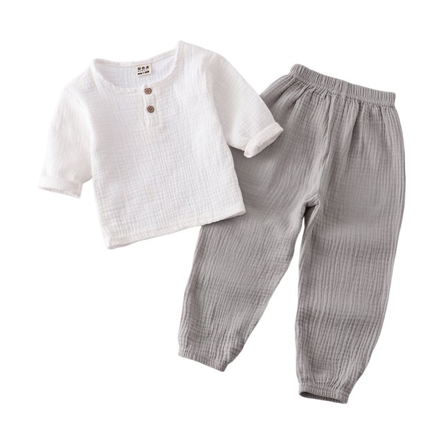 XDZJLR Boys Outfits Long Sleeve Solid Color Crewneck Button Loose Tops And Long Straight Pants Two Piece Set 6-12 Months