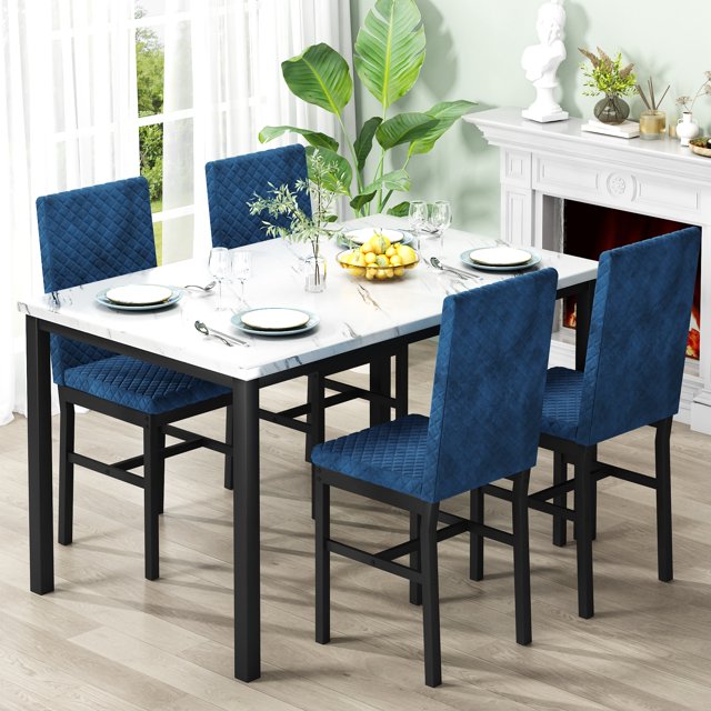 Stmoze Dining Table Set for 4, Faux Marble Kitchen Table and Chairs Set, Rectangular Dining Set with 4 Velvet Upholstered Dining Chairs, Space Saving Dining Room Set for Small Space, Cafe, Blue