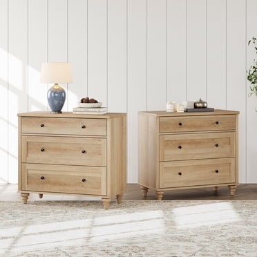 WAMPAT Farmhouse Nightstand, 3-Drawer Wood Bedside Table, Set of 2, 34 Inch Wide End Table for Bedroom, Living Room, Natural Oak