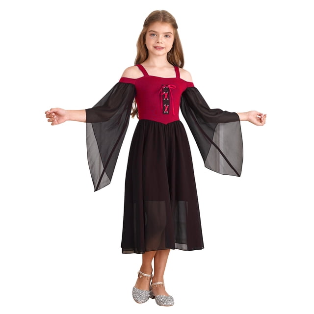 iiniim Robe de Sorcière Gothique Renaissance pour Filles, Déguisement d'Halloween, Manches Papillon, Corset Victorien, Rouge 12