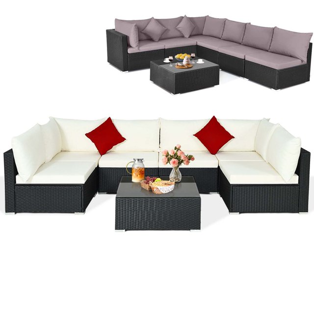 Costway 7PCS Patio Rotin Meubles Ensemble Sectionnel Canapés Blanc & Gris Housses de Coussin