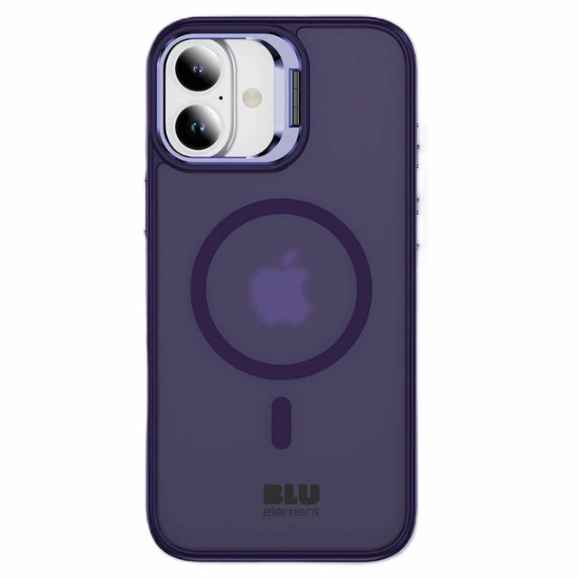 Blu Element Chromatic Kick MagSafe Case Deep Violet for iPhone 17 featuring a slim, semi-transparent deep violet acrylic back with soft-touch shock-absorbing edges, MagSafe compatibility ring, raised bezel for camera protection, hyper-responsive buttons, and a fold-out kickstand for landscape viewing.
