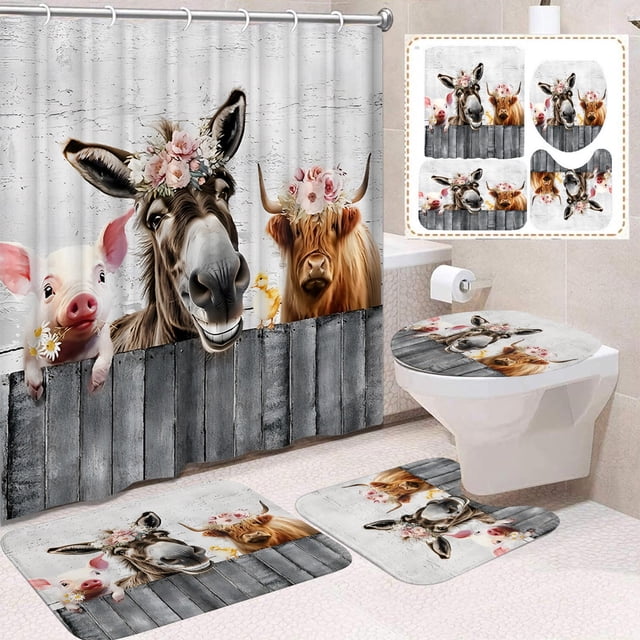 Bull Head Series Shower Curtain Polyester Waterproof Bathroom Curtain 4 Piece Set