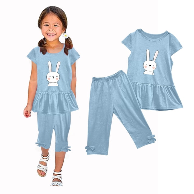 Chemises pour Filles, Ensemble Deux Pièces Été Col Rond Petit Imprimé Manches Courtes Manches Volantes Taille Élastique Pantalon Court