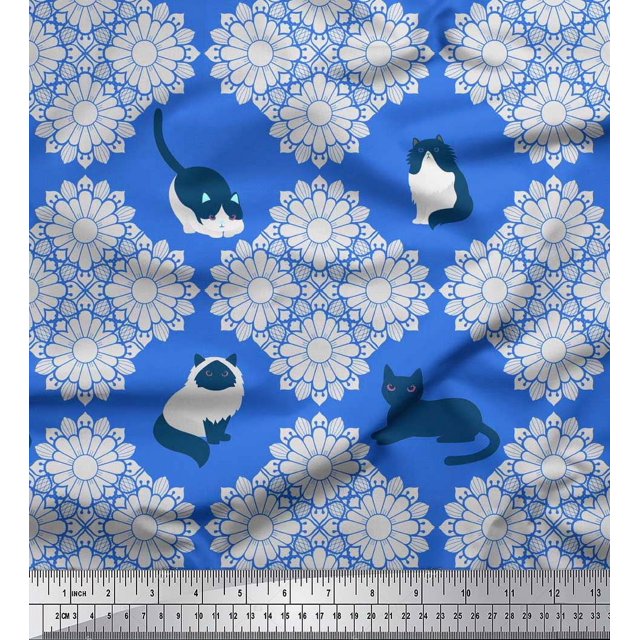 Soimoi Crepe Silk Fabric Floral & Cat Animal Decor Fabric Printed Yard 42 Inch Wide