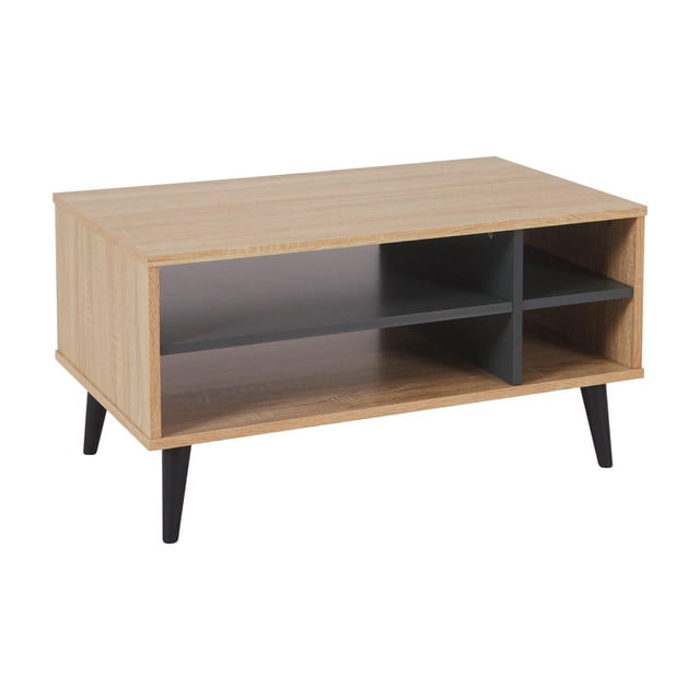 CorLiving Cole Rectangle Engineered Wood Indoor Coffee Table with 4 open shelves in light brown wood grain and dark grey shelving, supported by tapered black legs, designed for living room storage and display, also suitable for organizing books or décor.