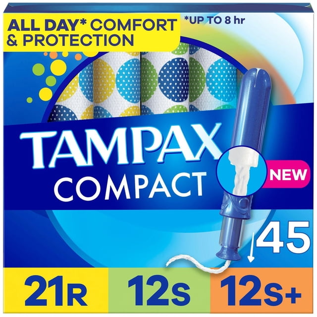 Tampax Compact Pearl Tampons Multipack with LeakGuard Braid and compact extendable blue applicator, including 21 regular, 12 super, and 12 super plus absorbency tampons, unscented, providing up to 8 hours of leak protection and all-day comfort for feminine care.