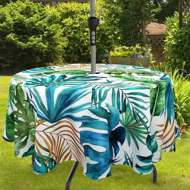 Nappe d'Extérieur Imperméable avec Trou pour Parasol pour Table Ronde 60x60 Pouces Nappe de Patio Forêt Tropicale avec Fermeture Éclair