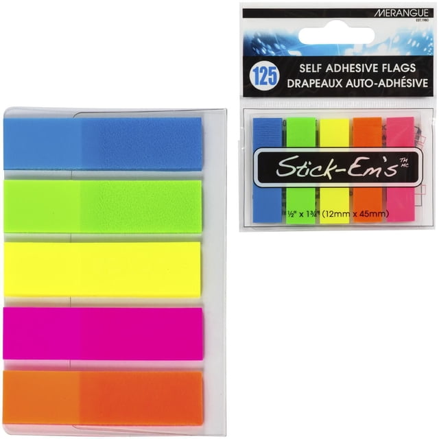125 PK Stick Em's Neon Flags x 12 pack of self-adhesive sticky note flags in neon blue, green, yellow, orange, and pink colors on a clear plastic holder with Merangue branding and product size 12mm x 45mm, suitable for marking documents and organizing notes.