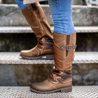 TIMIFIS Women's Riding Combat Motorcycle Mid Calf Winter Boots Fashion Solid Bandage Boots Round Toe Booties Midheel Boots Shoes Christmas Gifts For Women