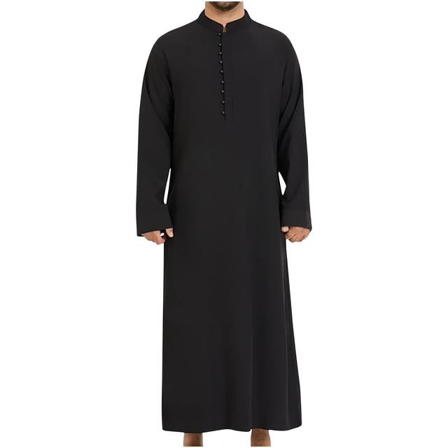 Weiqiqre Mens Casual Solid Ethnic Style Button Muslim Robe Long Sleeved Standing Neck Tops Comfortable Fit, Perfect Gift Idea