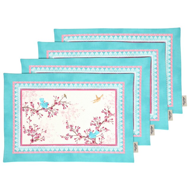 Vargottam Napperons - Napperon pour Table à Manger, Ensemble de 4 - Serviette en Coton Imprimée et Réversible - Napperons d'Intérieur pour Table de Salle à Manger à la Maison et dans la Cuisine - Oiseaux et Floral (Rose et Bleu)
