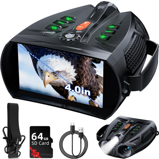 Lunettes de Vision Nocturne 4K, Jumelles de Vision Nocturne à Écran HD 4,0 Pouces avec Batterie Rechargeable 5000 mAh, Carte TF 64 Go pour Photo et Vidéo, Jumelles Infrarouges