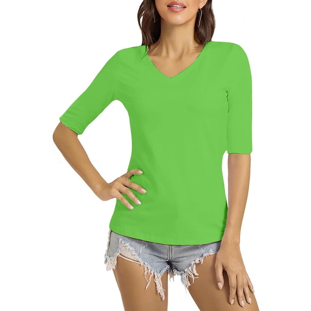 LOVZFMLL Women's T-Shirts V Neck Half Sleeve Solid Color Casual Basic Tees Spring Summer Clothes Outfits Going Out Tops Green XXL