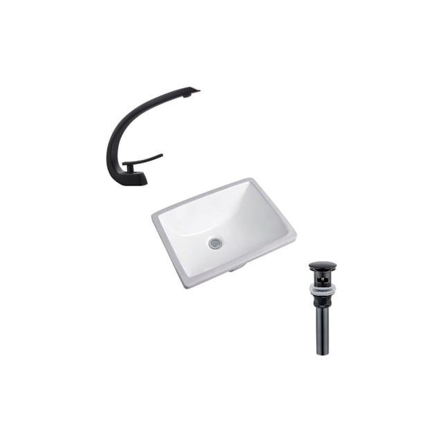 DROP Bath and Kitchen DR091115 Ensemble d'Évier de Salle de Bain Encastré avec un Évier Rectangulaire en Céramique Blanc avec une Finition Lustrée, Robinet à un Seul Trou Noir et drain Noir avec Débordement, Idéal pour la Rénovation de Salle de Bain et l'Installation Encastrée.
