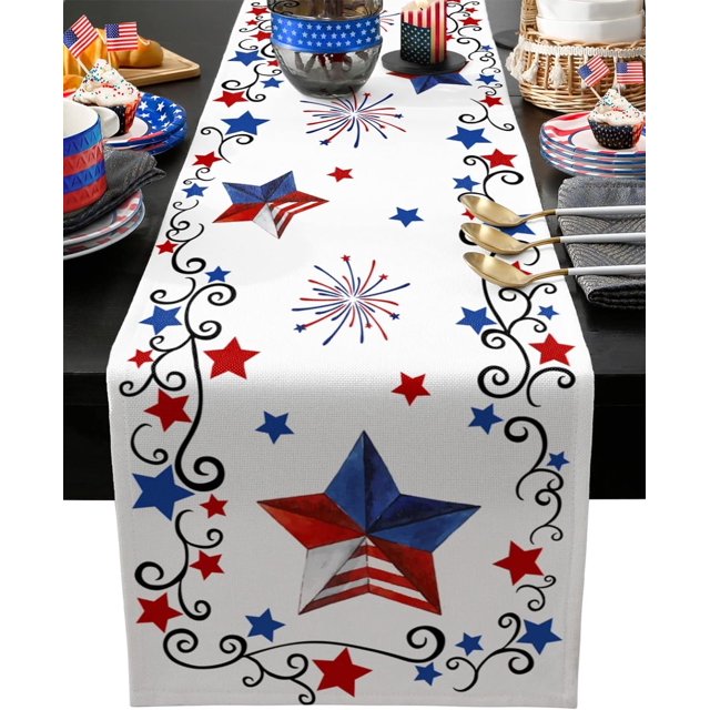 4th of July Table Runner 72 Inches Long Cotton Linen Kitchen Dinner Table Runners,Independence Day Burlap Tablerunner for Dresser/Party/Wedding Freedom Stars Blue Red Memorial Patriotic Flag 14"x72"