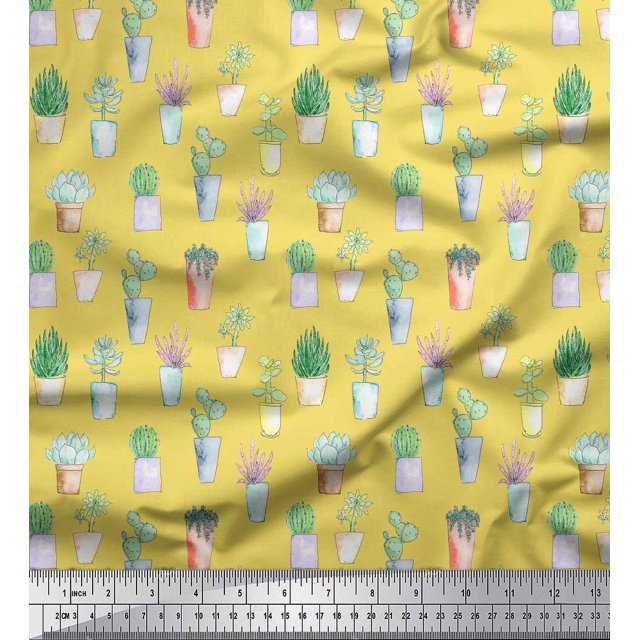 Soimoi Yellow Cotton Poplin Fabric Cactus Leaves Decor Fabric Printed Yard 42 Inch Wide