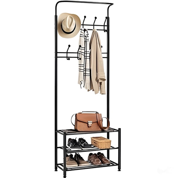 Banc à Chaussures Portemanteau en Métal, Arbre d'Entrée Autoportant avec 18 Crochets, Banc à Chaussures pour Vestibule et Couloir avec Organisateur de Rangement pour Manteaux, Chapeaux et Parapluies