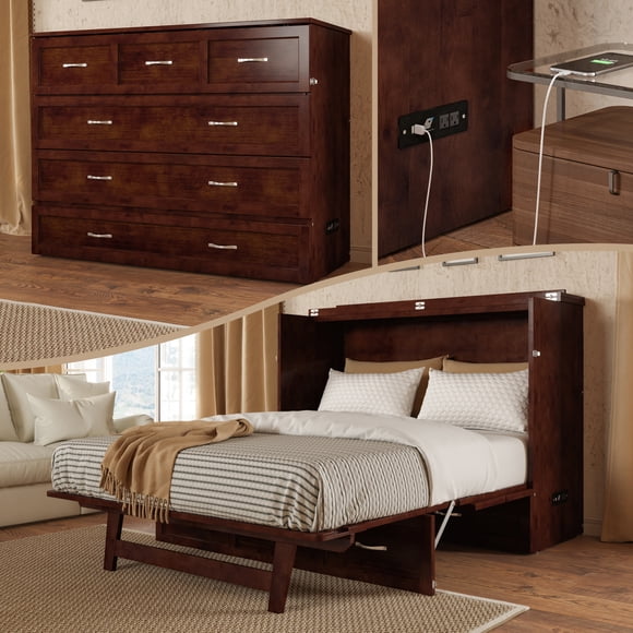 AFI Deerfield Coffre-Lit Escamotable Moderne en Bois Massif Pleine Grandeur avec Matelas, Noyer