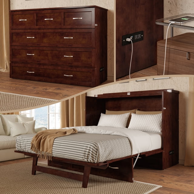 AFI Deerfield Coffre-Lit Escamotable Moderne en Bois Massif Pleine Grandeur avec Matelas, Noyer