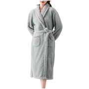 FRSASU Womens Fleece Robes, Soft Coral Fleece Long Bathrobe, Thick Kimono Robes for Womens, Warm House Coat with Pocket Gray XXL(XXL)