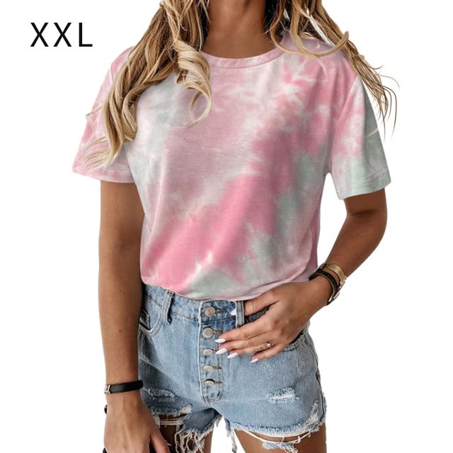 pitrice Femmes T-shirt Col Rond Manches Courtes Cravate-Teinte Imprimé Casual Top, Bleu, M Rose XXL