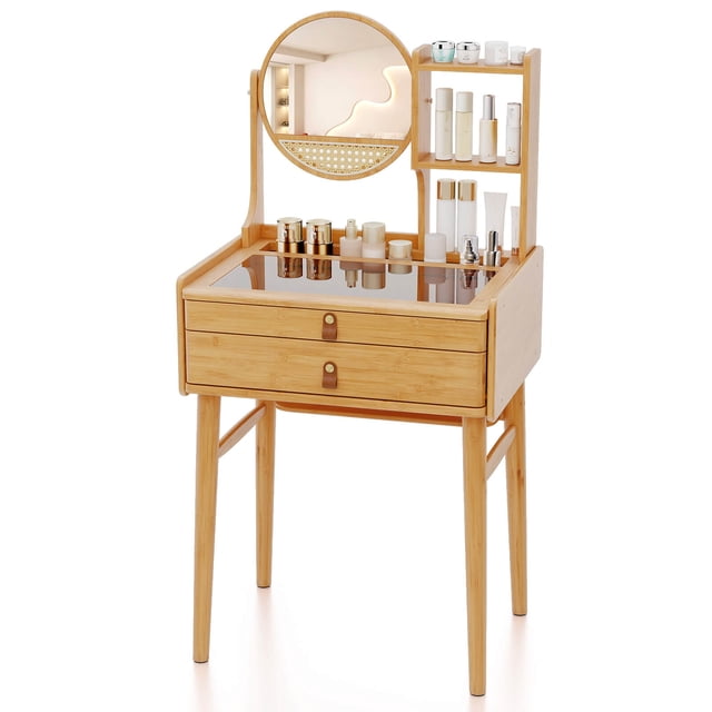 Costway 23.5" Compact Makeup Table with 2 Drawers Open Storage Shelves and Glass Top