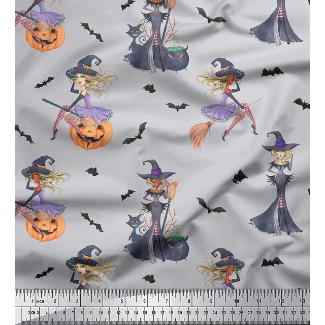 Soimoi Poly Georgette Fabric Magic Potion,Bat & Witch Halloween Print Fabric by The Yard 42 Inch Wide