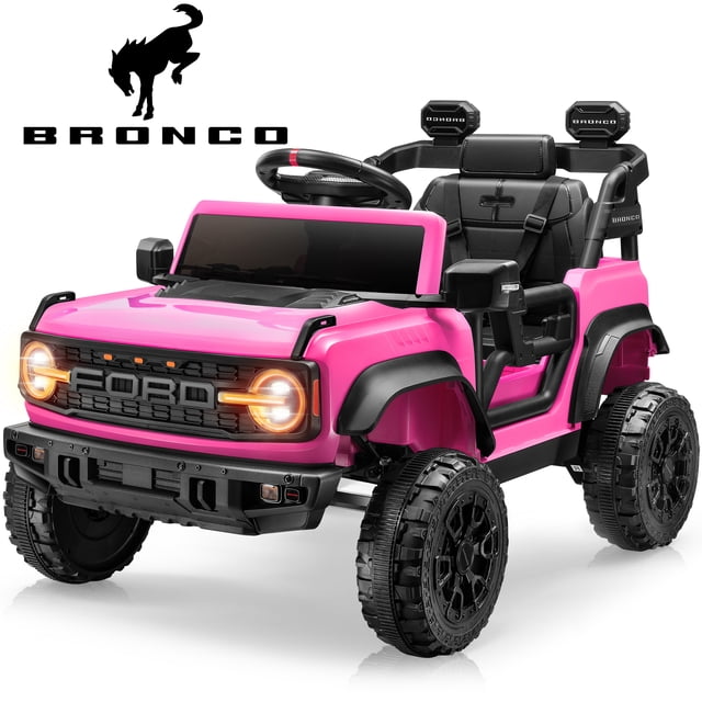 iYofe Ford Bronco Raptor Electric Ride on Toy Car for Toddler Kids, a pink 12V battery-powered ride-on toy officially licensed by Ford. Features include remote control, Bluetooth, MP3 player, bright headlights, and durable all-terrain wheels. Designed for children aged 3-5, it replicates a real Bronco truck with authentic pedals, steering wheel, and reinforced seat belts for safety. Suitable for outdoor play on dirt roads, concrete, and gravel.