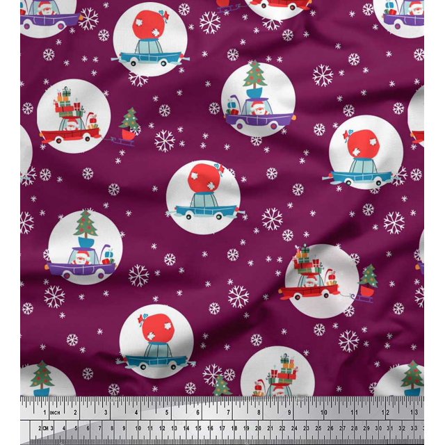 Soimoi Polyester Crepe Fabric Gift Box,Car & Santa Christmas Printed Craft Fabric by The Yard 52 Inch Wide