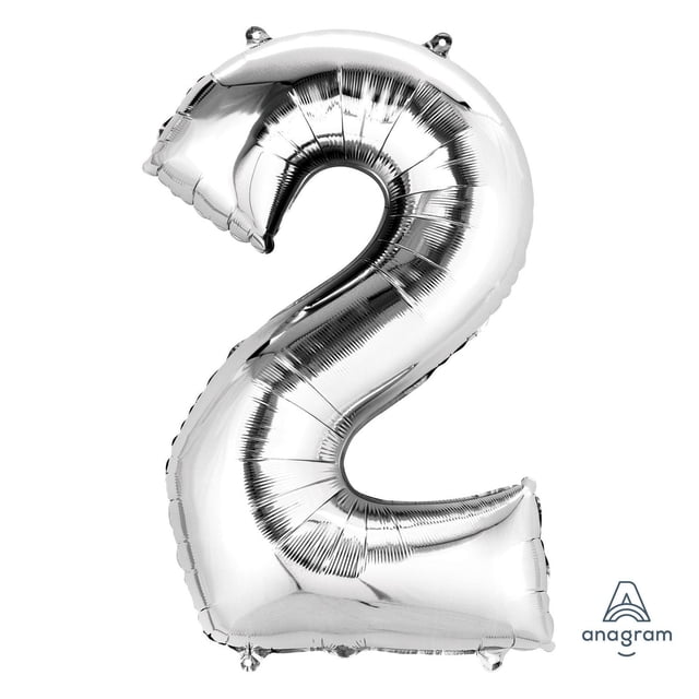 Anagram International Party Eh! Silver Large "2" Banner foil balloon shaped as the number two, 40 inches tall, with a reflective silver foil surface and self-sealing valve suitable for helium or air inflation, ideal for party decorations or photo booth props.
