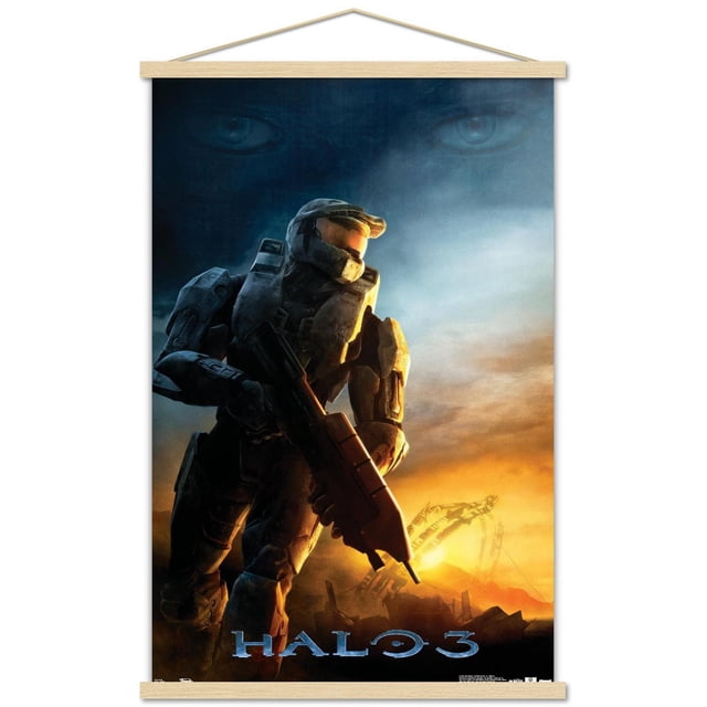 Halo 3 - Affiche Murale « Awakening », 22,375 Po x 34 Po, Représentant un Soldat Blindé Orienté vers l'Avant avec une Visière orange Lumineuse Tenant un Fusil, Posé sur un Ciel au Coucher du Soleil avec une structure Anneau de Science-Fiction et de Grands Yeux Légers dans un Fond Bleu Foncé, Imprimée sur Papier d'Affiche Lustré, Convenant à la Déco de la Maison et aux Espaces de Jeu.
