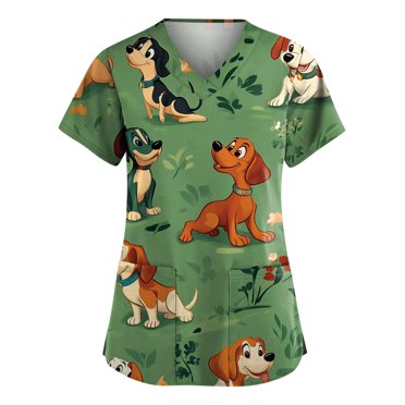 Ktyne Sarraus Décontractés Femmes Amusants à Manches Courtes Uniformes d'Infirmière Col en V Chemise d'Infirmière Décontractée Tendance Hauts de Sarrau Verts G