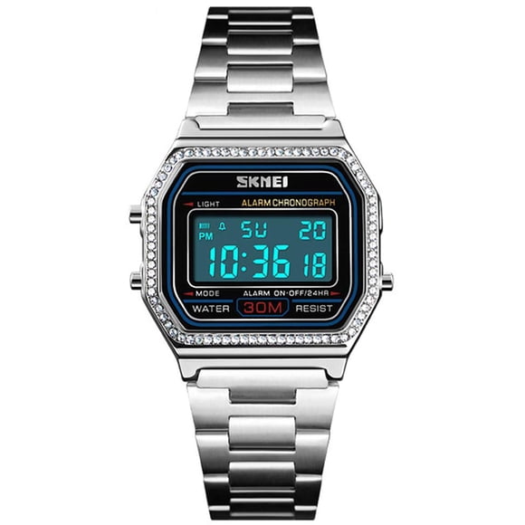 MASTOP Luxury Women Watches Full Steel Electronic LED Digital Fashion Ultra Thin Square Ladies Wrist Watches (Black) (Silver)