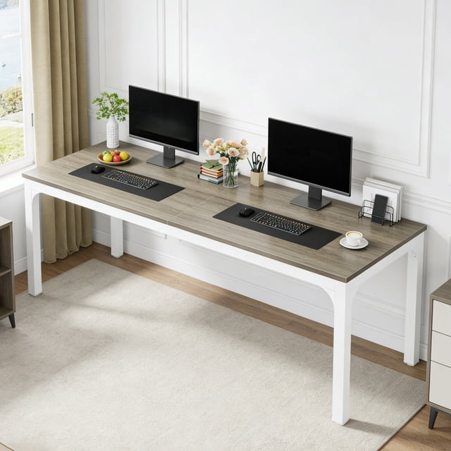 Fnova 78.7" Modern Computer Desk with Wood Desktop, Metal Frame Office Desk, Grey White
