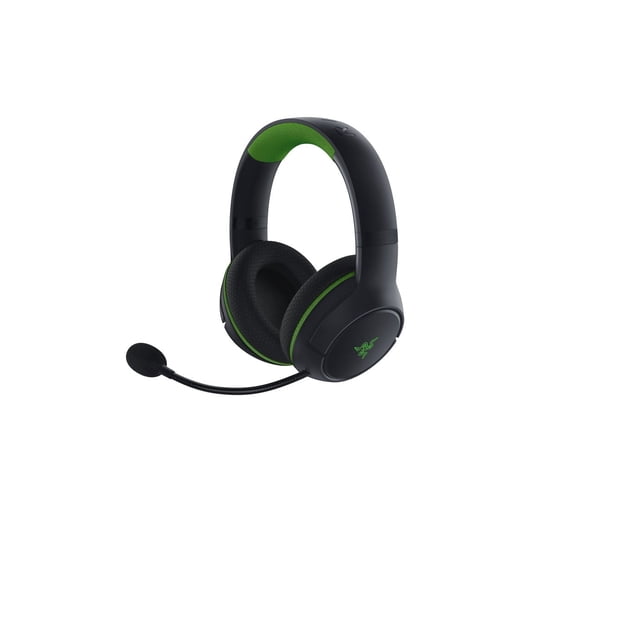 Razer Kaira for Xbox wireless gaming headset in black with green accents, featuring breathable memory foam ear cushions, adjustable headband with green padding, flexible boom microphone with foam windscreen, Xbox Wireless connectivity, and Windows Sonic spatial audio, suitable for immersive multiplayer gaming on Xbox Series X and S consoles.