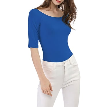 INSPIRE CHIC Women's Boat Neck Tops Half Sleeves Fitted Layering Soft T-Shirt XS Royal Blue