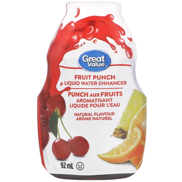 Great Value Fruit Punch Liquid Water Enhancer in a 92 mL compact plastic bottle with a white label featuring red fruit punch splash, cherries, and orange slices, suitable for adding natural fruit punch flavour to water on the go.