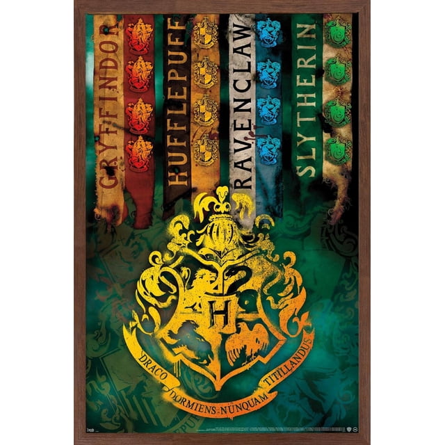 Le Monde des Sorciers : Harry Potter - Affiche Murale des Écussons de Maison, 14,725 Pouces x 22,375 Pouces Affiche Encadrée Présentant des Bannières Verticales de Maisons de Poudlard - Gryffondor Rouge, Hufflepuff Jaune, Serdaigle Bleu et Serpentard Vert - Chacune avec Leurs Écussons de Maison. En Dessous, un Grand Écusson Jaune de Poudlard avec la Lettre H et la Devise « Draco Dormiens Nunquam Titillandus » sur un Fond Textur