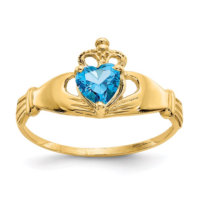 14K Yellow Gold CZ December Birthstone Claddagh Heart Ring