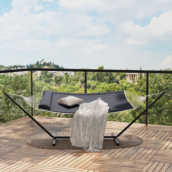 MIUUKA Double Hammock with Stand,Heavy Duty 450 lbs Capacity,Cotton Rope Design,Polyester Pad & Pillow Included,Hardwood Spreader Bars,for Backyard, Patio, Poolside, Indoor/Outdoor Use,Dark Grey