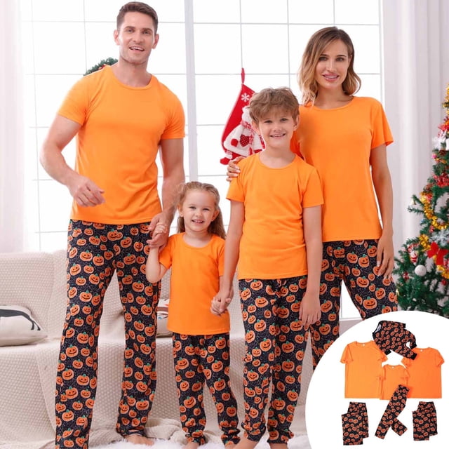 TIMIFIS Pyjamas d'Halloween Assortis pour la Famille Ensembles Assortis 2 Pcs Pyjamas d'Halloween Pyjama à Manches Longues Combinaison de Nuit Toile d'Araignée Fantômes Citrouille Squelette Haut et Pantalon Tenue Vêtements de Maison Ensemble de Pyjamas des Fêtes -