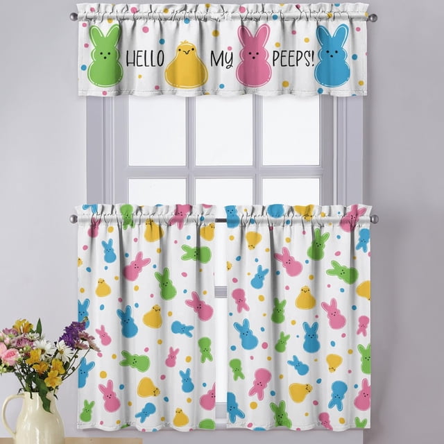 Easter Kitchen Curtains 3-Piece Set Bunny Chick "Hello My Peeps" Rod Pocket Short Tier Curtains 36 Inch Cute Farmhouse Holiday Decor