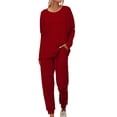 thumbnail image 1 of Mrat Knit Two Piece Outfits for Women Long Sleeve Ribbed Tops Drawstring Pants with Pockets Sweatsuit Set S-2 Wine 3XL, 1 of 6