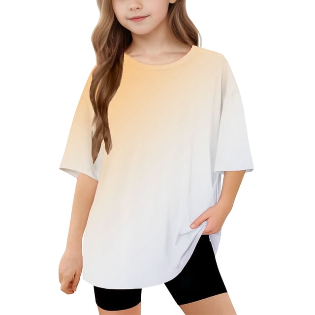 DecSea Girls Short Sleeve T shirt Kids Summer Oversized Gradient Crew Neck Tops Casual Basic Tee 5-14Years