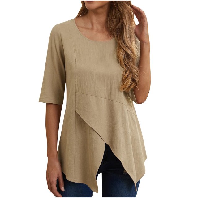 Birdeem Womens Summer Casual Irregular Round Neck Short Sleeve Solid Loose Shirt Tops