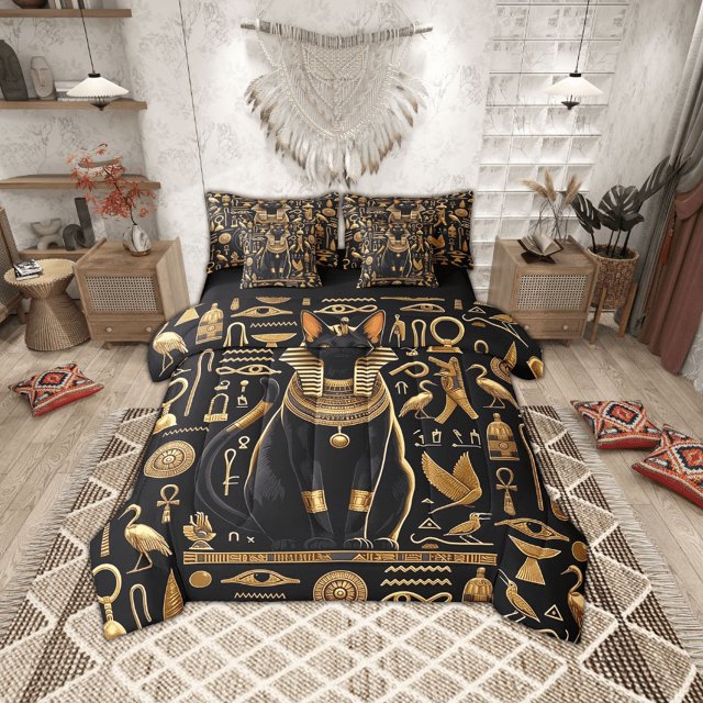 Erosebridal Egyptian Pharaoh Cat Mural Bedding Sets Full Size, Egypt Pyramids History Comforter Sets with Sheets, Reversible 7pcs